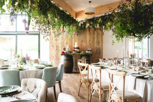 Leaves hanging from ceiling of dining room