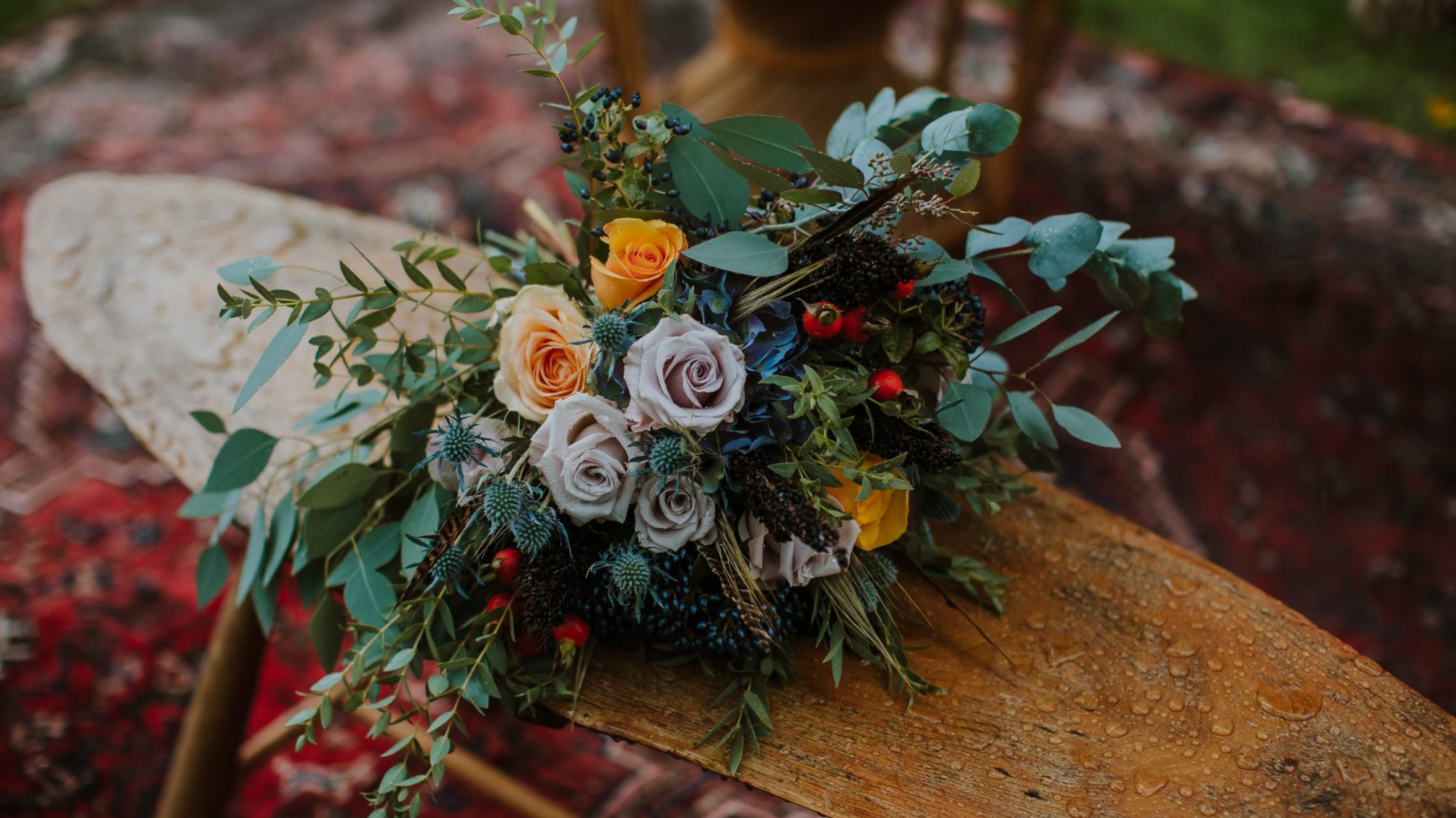 Winter weddings flowers on wooden table